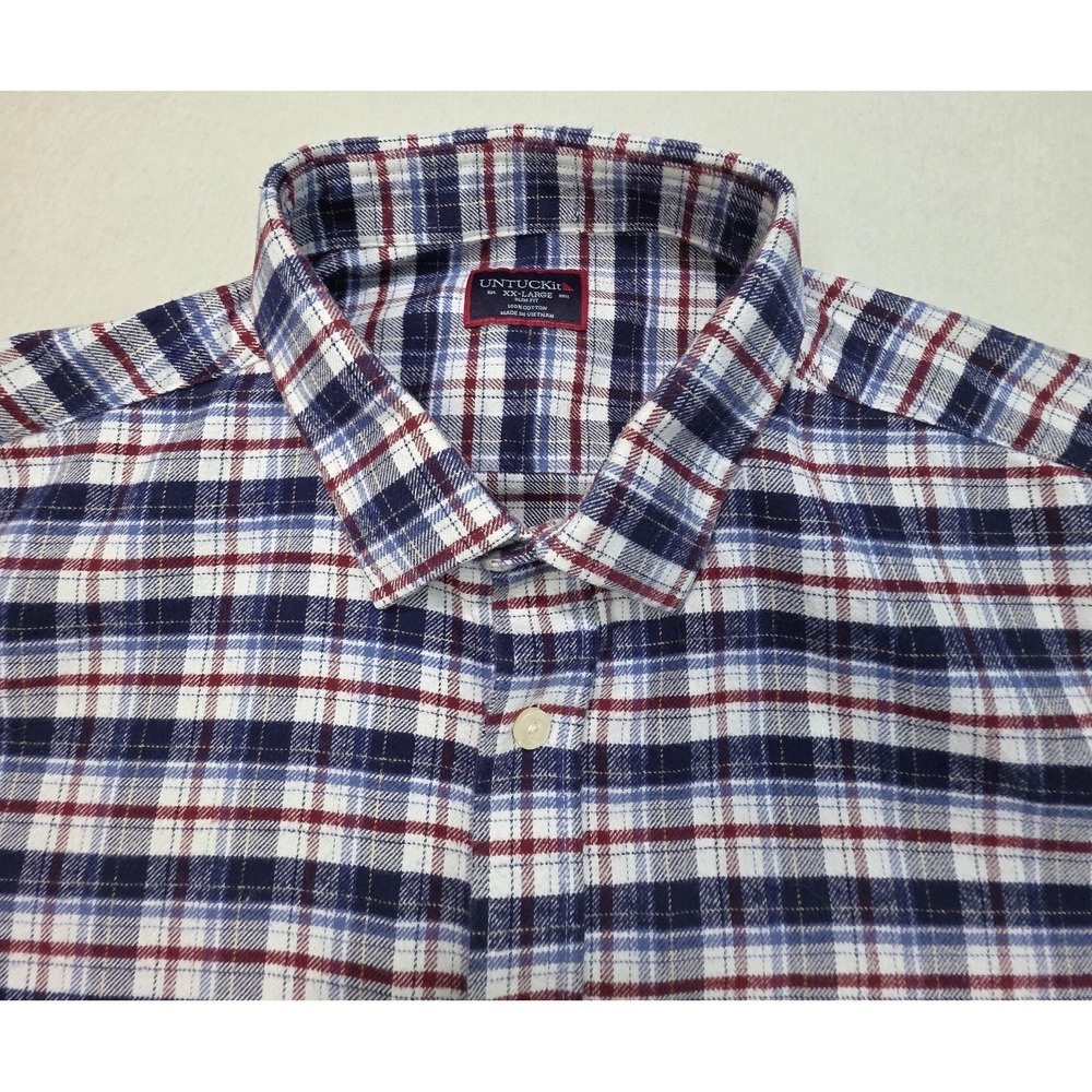 UNTUCKit Flannel Shirt Mens 2XL Blue Whte Red Plaid Slim Fit Cotton LIMITED USE